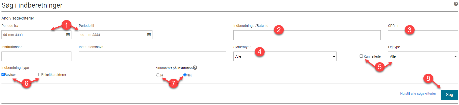 Billedet viser markeringer af udfyldningsfelter fra 1-8