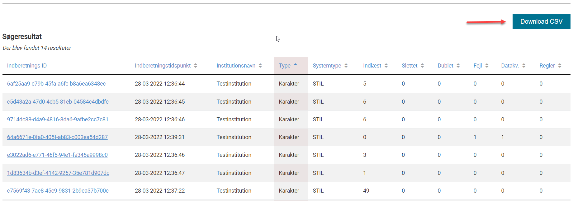 Billedet viser en pil til knappen Download CSV-fil