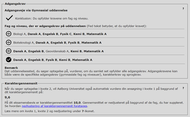 Billedet viser et eksempel på hvordan det ser ud for en ansøger ift. adgangsveje og karaktergennemsnit i en ansøgning.