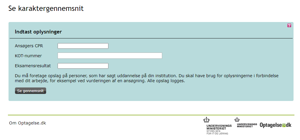 Billedet viser værktøjet Se karaktergennemsnit, hvor du skal indtaste oplysninger i skrivefelterne, og derefter trykke på knappen Se gennemsnit.