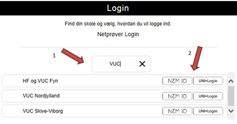 På billedet ses et eksempel på login skærmbilledet, hvor du kan søge efter en skole i søgefeltet og logge på med enten NemID eller Unilogin.