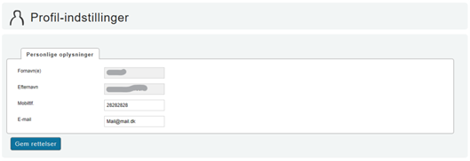 Billedet er et skærmbillede af Profil indstillingerne, hvor du kan rette dine oplysninger.