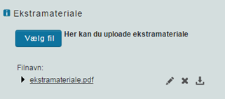 På billedet ses overskriften Ekstramateriale og herunder knappen Vælg fil samt titlen på dit dokument.