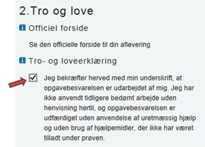 På billedet ses den tro- og loveerklæring, som du skal erklære dig enig i, ved at sætte flueben i feltet.