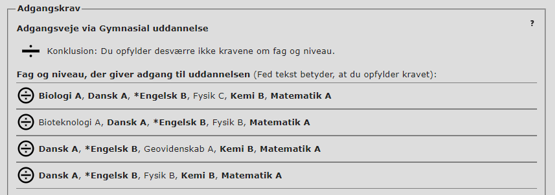 På billedet ses et eksempel på, hvordan det ser ser ud, når du ikke opfylder kravene om fag og niveau, herunder markering med et minustegn.