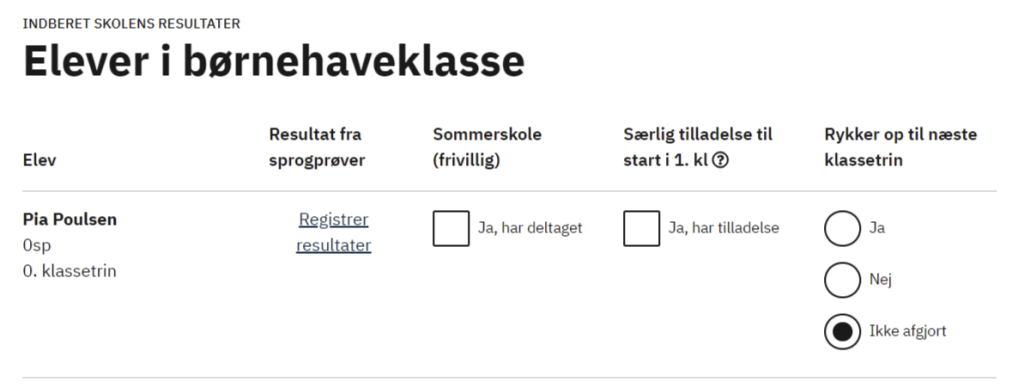 Billedet viser indberetningsfladen for elever i børnehaveklasse.