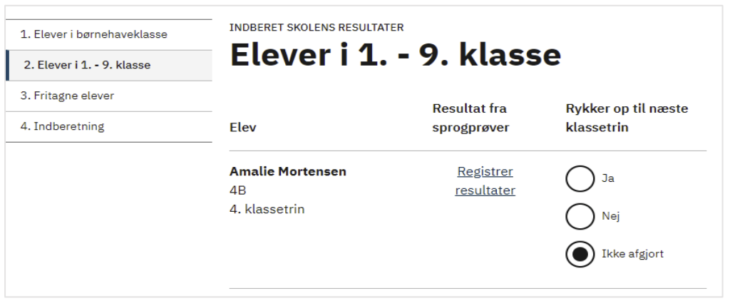 Billedet viser indberetningsfladen for elever i 1.-9. klasse.