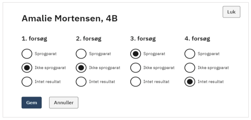 Billedet viser en markering af resultater for sprogprøveforsøg og knappen Gem.