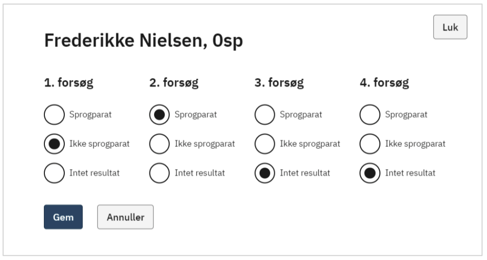 Billedet viser et eksempel på sprogprøveforsøg, hvor der for hvert forsøg er markeret et resultat.