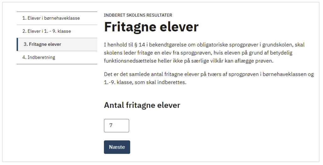 Billedet viser siden Fritagne elever, hvor skolens samlede antal fritagne elever skal angives.