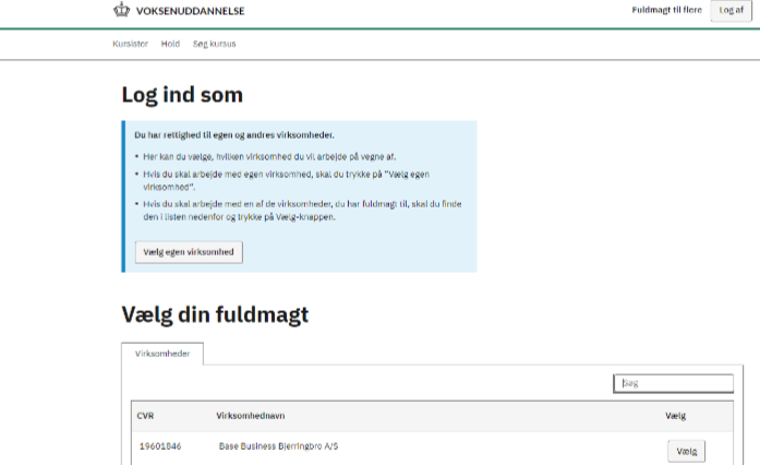 Billedet viser knappen Vælg egen virksomhed på login siden.