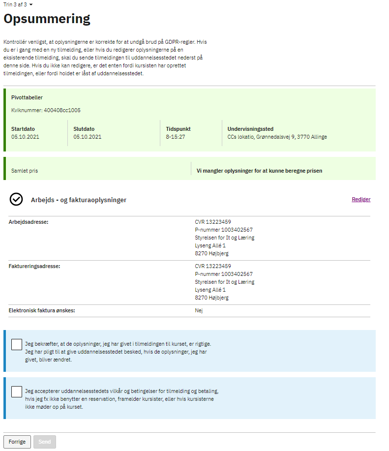 På billedet ses et eksempel på en opsummeringsside, hvor alt det indtastede info fremgår.