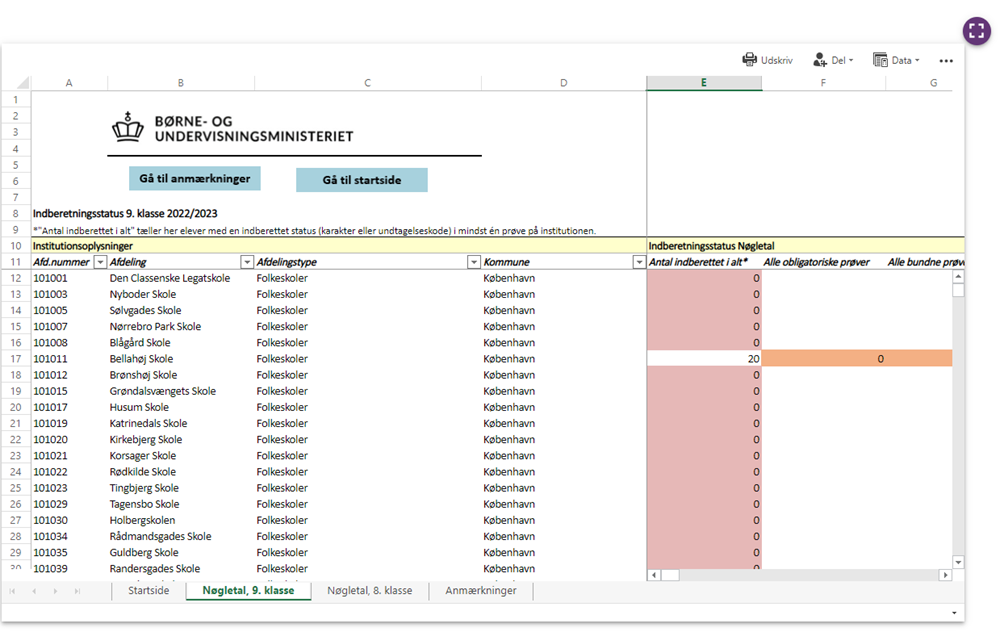 Billedet viser et eksempel på hvordan data vises i excel arket