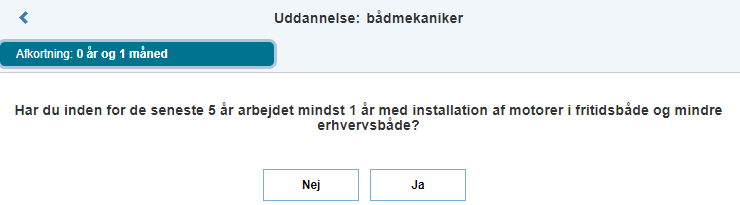 Billedet viser et eksempel på besvarelse af ja eller nej i forbindelse med længden af erhvervserfaring indenfor et felt.