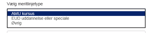 Billedet viser den drop down liste, hvor du skal vælg meritlinjetype.