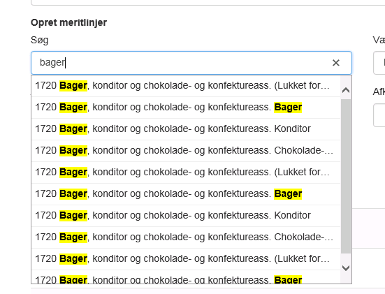 Billedet viser et eksempel på en søgeresultatliste for Bager, konditor og chokolade konfektureassistent.