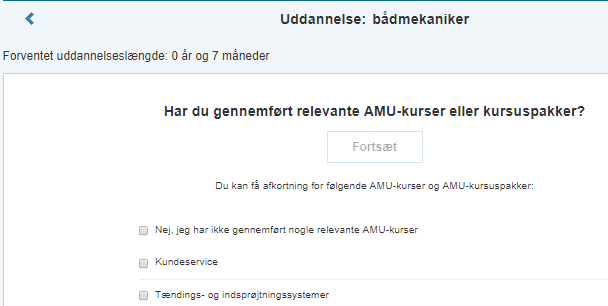 Billedet viser et eksempel på hvordan det kan se ud, når man får spørgsmålet Har du gennemført relevante AMU kurser eller kursuspakker.