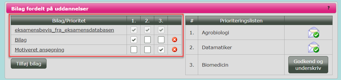 Billedet viser hvordan det ser ud under overskriften Bilag fordelt på uddannelser, hvor du ser bilag fordelt på dine prioriteter inklusiv boks til markering med flueben.