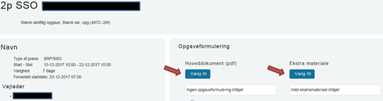 På billedet ses de to Vælg fil knapper til upload af henholdsvis opgaveformulering og ekstramateriale.