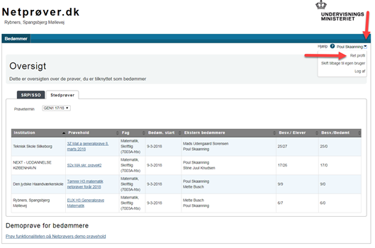 Billedet viser hvor du kan rette din profil via tryk på trekanten ved siden af dit navn, og herefter ved tryk på Ret profil.