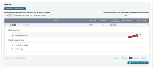 Billedet viser download-ikonet ud for hver af elevens uploadede filer.
