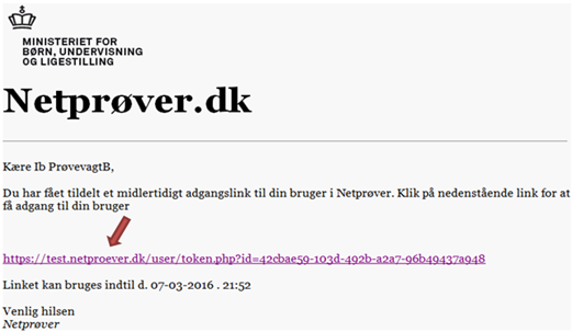 Billedet viser et eksempel på den tilsendte e-mail, der indeholder et link.