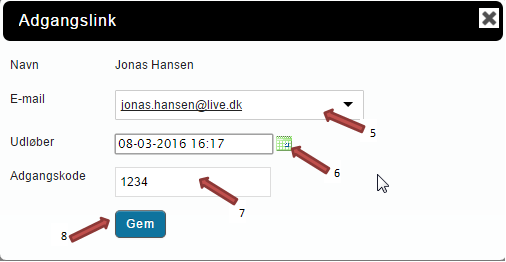 På billedet ses kalenderikonet ud for feltet Udløber, feltet Adgangskode samt knappen Gem.