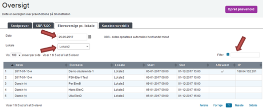 Billedet er en skærmvisning, der viser de tre filtre Dato, Lokale og Filter samt deres placering på siden.