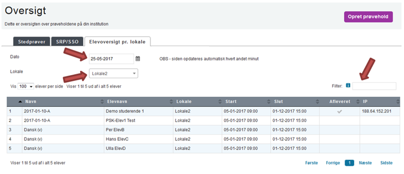 Billedet viser placeringen af de tre filtre Dato, Lokale og Filter på fanen Elevoversigt pr. lokale.