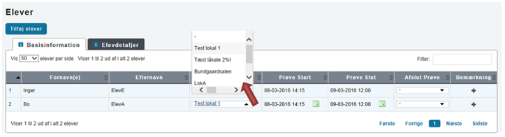 På billedet ses et eksempel på den drop down liste, der fremkommer.