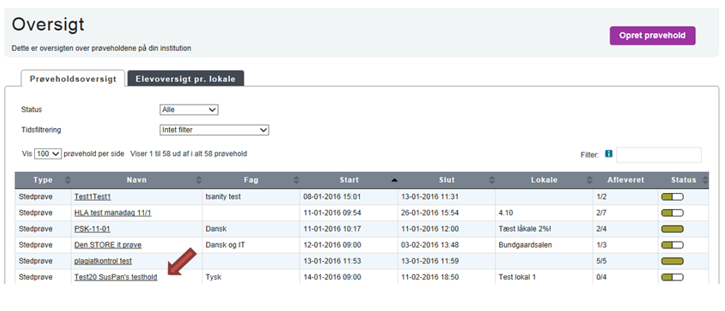 Billedet viser et eksempel på et prøvehold på fanen Prøveholdsoversigt.