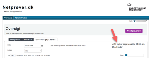 Billedet viser hvordan den prøveansvarlige ser nedtællingen til prøvestart under fanen Elevoversigt pr. lokale.