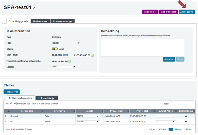 Billedet viser knappen Afslut prøve på siden med de grundlæggende oplysninger om prøvehold.