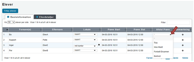 Billedet viser kolonnen Afslut Prøve samt drop down menuen, der bruges til at fraværsregistrere elever.