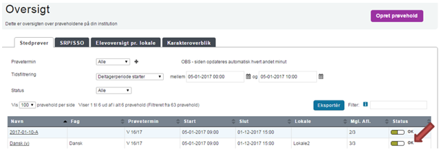 På billedet ses et OK ikon i kolonnen Status, der markerer at opgavesættet er klarmeldt.