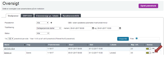 På billedet ses OK ikonet i kolonnen Status på oversigten over prøvehold.