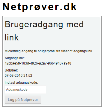 På billedet ses det felt, hvor eleven skal indtaste adgangskoden efterfulgt af et klik på knappen Log på Netprøver.