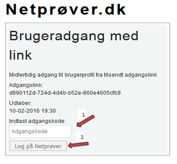 På billedet ses det felt, hvor brugeren skal indtaste adgangskoden efterfulgt af et klik på knappen Log på Netprøver.