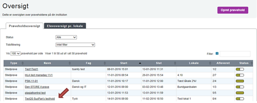 Billedet viser et eksempel på en prøveholdsoversigt i Netprøver.dk.