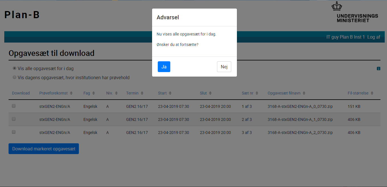 På billedet ses skærmbilledet Opgavesæt til download til brug for download af opgavesæt.