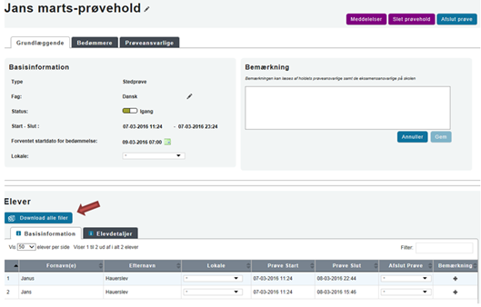 Billedet viser knappen Download alle filer under overskriften Elever.