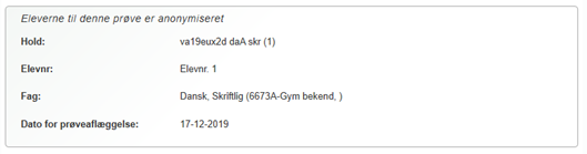 På billedet ses et eksempel på en anonymiseret forside af en aflevering med elevnummer i stedet for navn på eleven.