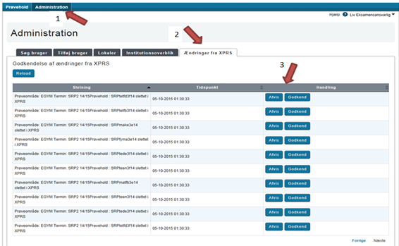 Billedet viser de to faner Administration og Ændringer fra XPRS samt knapperne Afvis og Godkend.