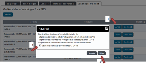 Billedet viser processen for at afvise en sletning af et prøvehold via trin 1 til 3.