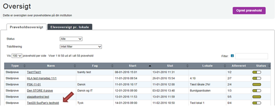 På billedet ses fanen Prøveholdsoversigt og et eksempel på en liste over prøvehold.