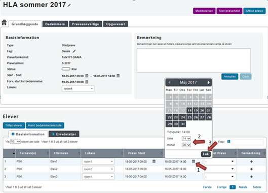 På billedet ses det hvordan du ved at følge trin 1 til 3 kan registrere ekstra tid til elever på et prøvehold.