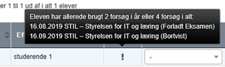 Billedet viser et eksempel på de informationer om elevens forsøg, der fås ved at føre musen henover udråbstegnet.