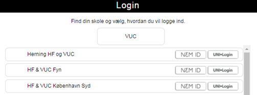 Billedet er en visning af skærmbilledet for login. På billedet ses et søgefelt samt muligheden for at vælge login med enten NemID eller Unilogin.