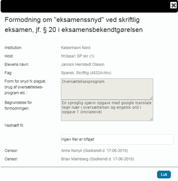 På billedet ses et eksempel på en rapport om formodning om eksamenssnyd ved en skriftlig eksamen.