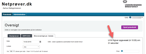 Billedet viser hvordan den eksamensansvarlige ser nedtællingen til prøvestart under fanen Elevoversigt pr. lokale.